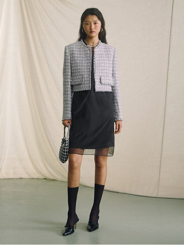 Textured Tweed Cropped Jacket - Cloud Fleck Grey - view 1