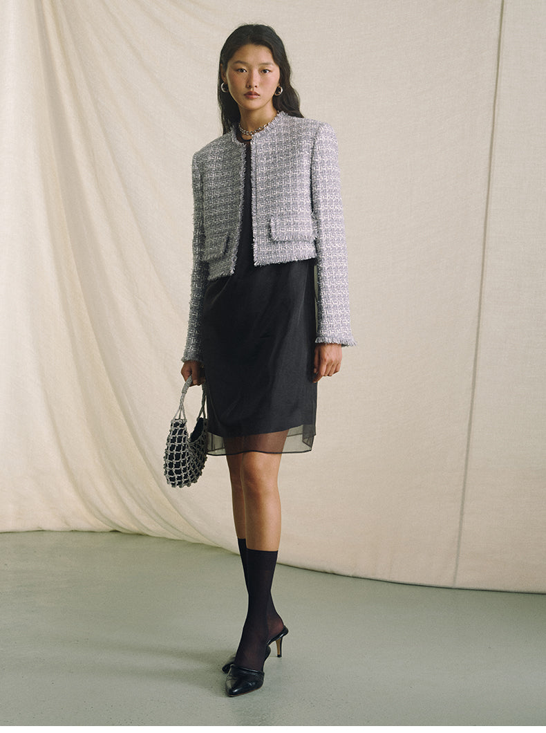 Textured Tweed Cropped Jacket - Cloud Fleck Grey - view 2