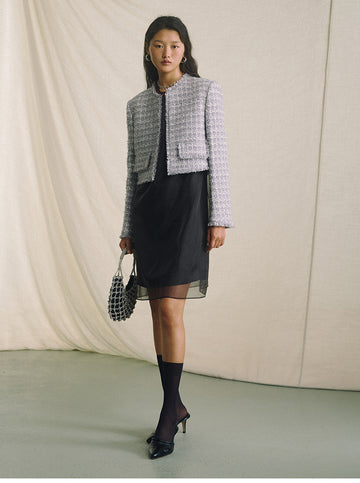 Textured Tweed Cropped Jacket - Cloud Fleck Grey - view 2