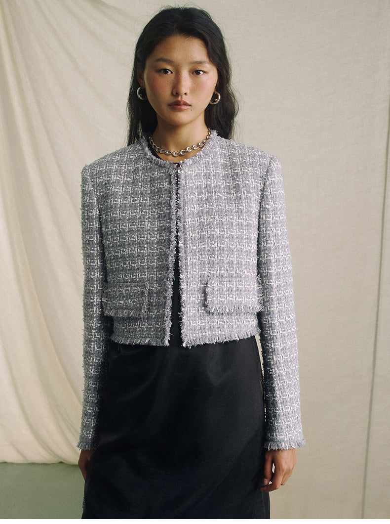 Textured Tweed Cropped Jacket - Cloud Fleck Grey - view 3