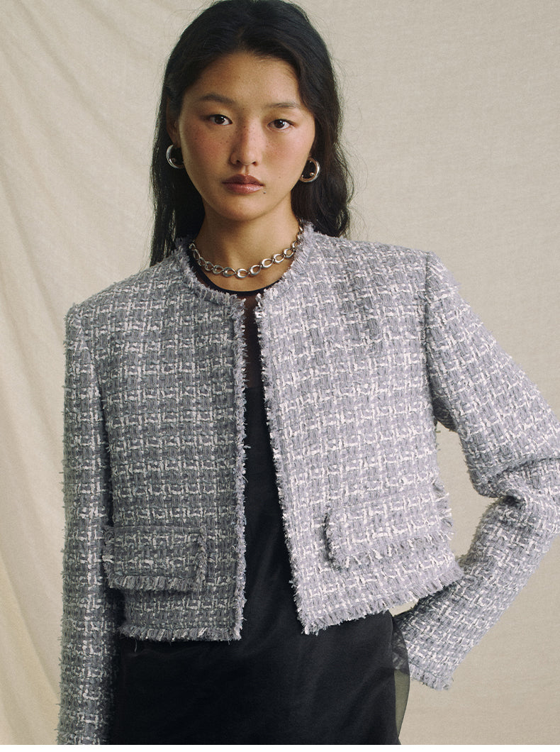 Textured Tweed Cropped Jacket - Cloud Fleck Grey - view 4