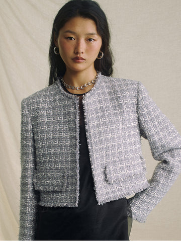 Textured Tweed Cropped Jacket - Cloud Fleck Grey - view 4