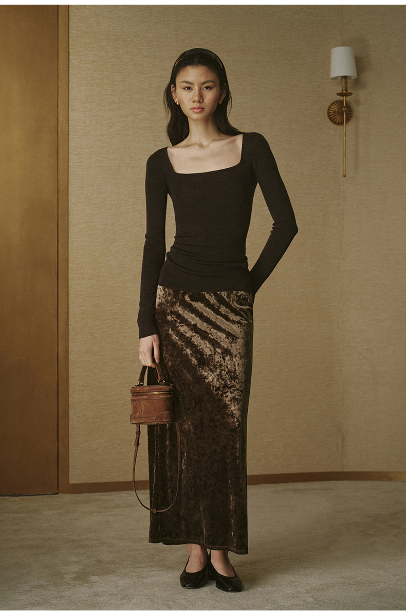 Velvet Column Maxi Skirt - Khaki Brown - view 1
