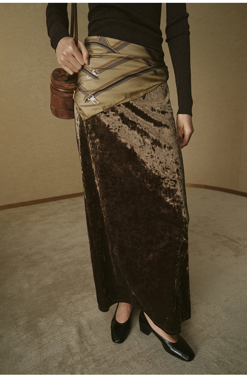 Velvet Column Maxi Skirt - Khaki Brown - view 3