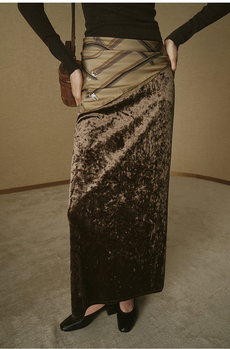 Velvet Column Maxi Skirt - Khaki Brown - view 4