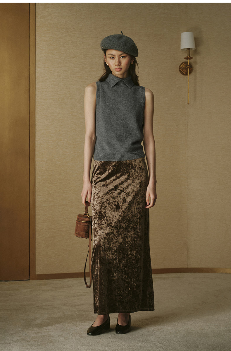 Velvet Column Maxi Skirt - Khaki Brown - view 5