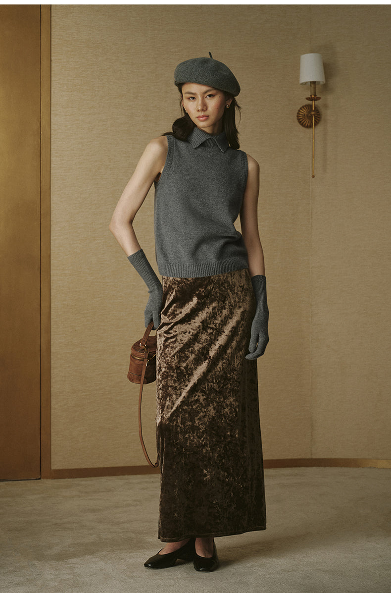 Velvet Column Maxi Skirt - Khaki Brown - view 6