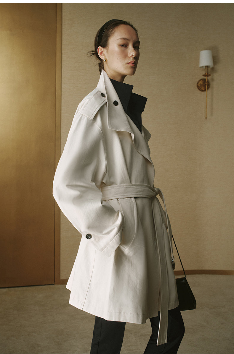 Vintage Stand-Collar Trench Coat - Ivory White - view 4