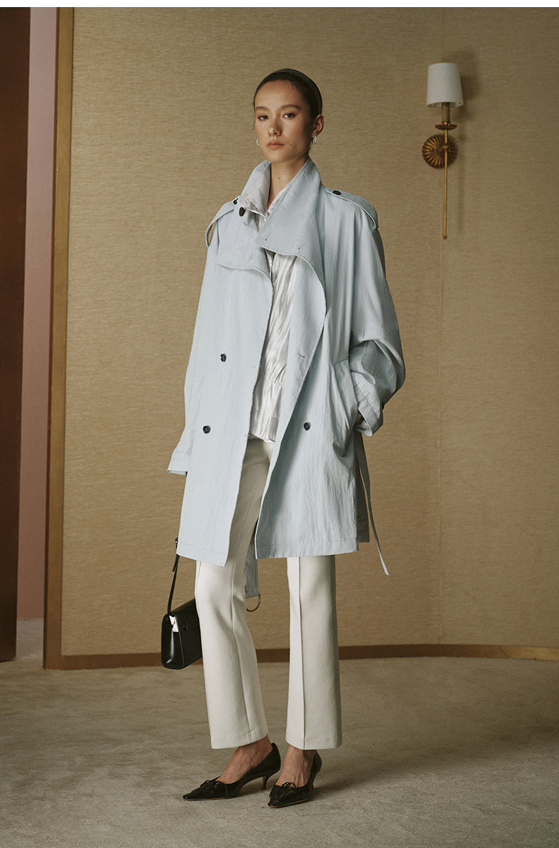 Vintage Stand-Collar Trench Coat - Pale Water Blue - view 1
