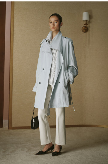 Vintage Stand-Collar Trench Coat - Pale Water Blue - view 1