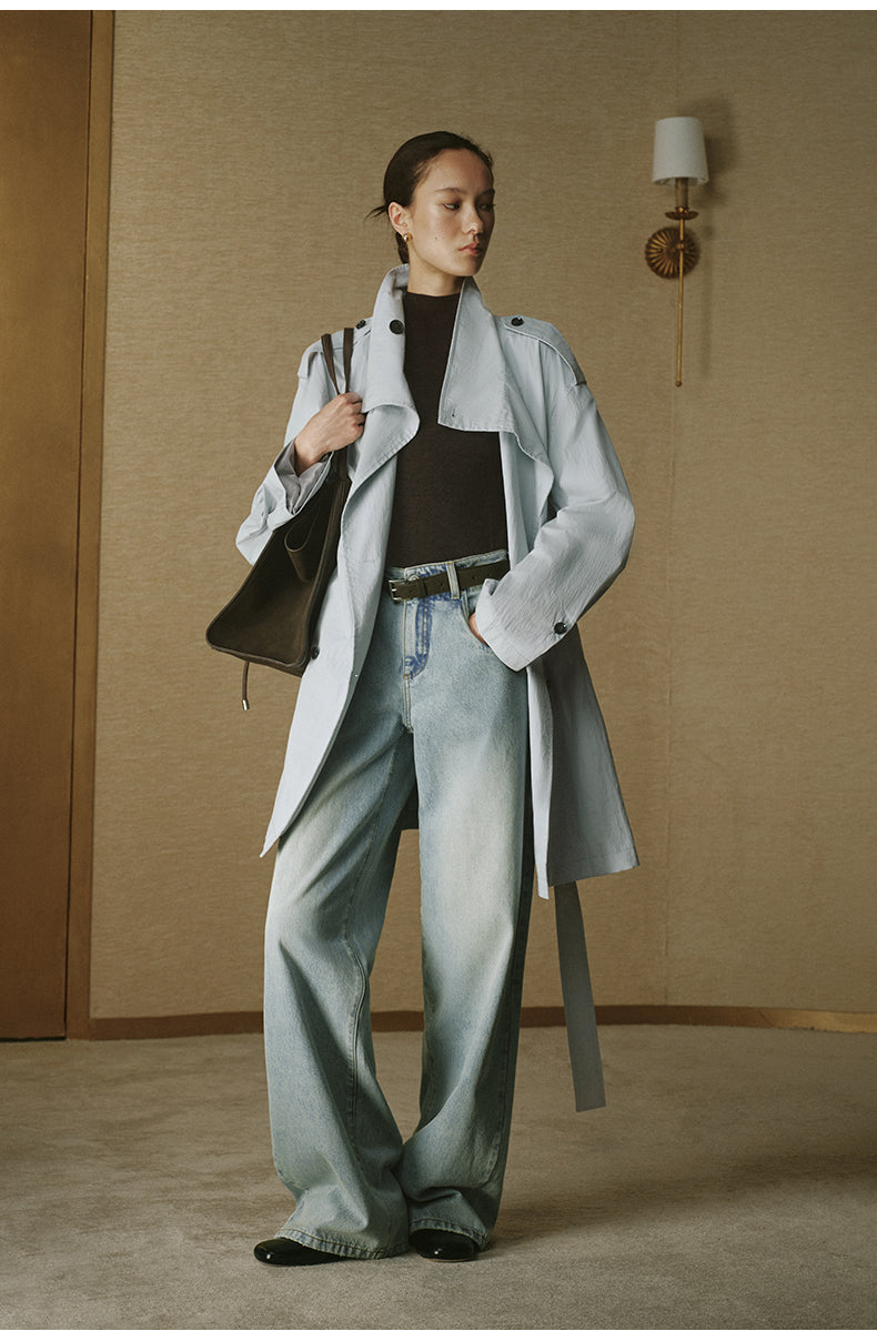 Vintage Stand-Collar Trench Coat - Pale Water Blue - view 2