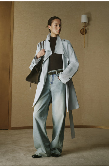 Vintage Stand-Collar Trench Coat - Pale Water Blue - view 2