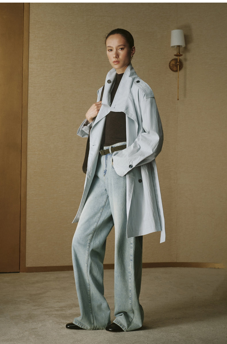 Vintage Stand-Collar Trench Coat - Pale Water Blue - view 3