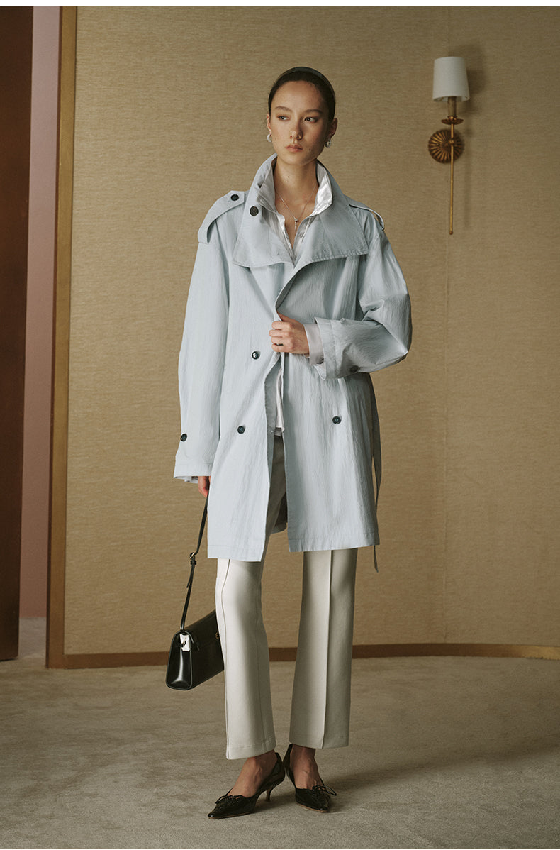 Vintage Stand-Collar Trench Coat - Pale Water Blue - view 5