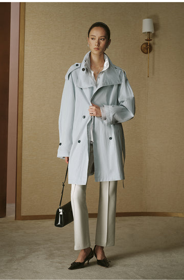 Vintage Stand-Collar Trench Coat - Pale Water Blue - view 5