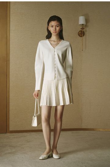 Waist-Shaped V-Neck Wool Cardigan - Ivory White - view 2