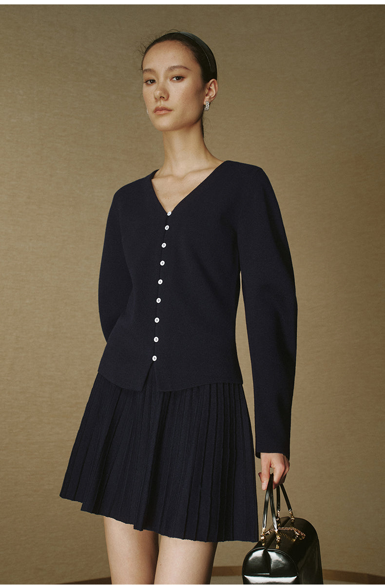 Waist-Shaped V-Neck Wool Cardigan - Deep Navy - view 3