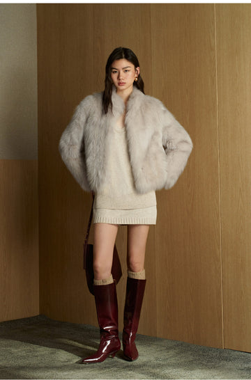 Yanting Mu Stand-Collar Fox Fur Jacket - Taupe Grey - view 3