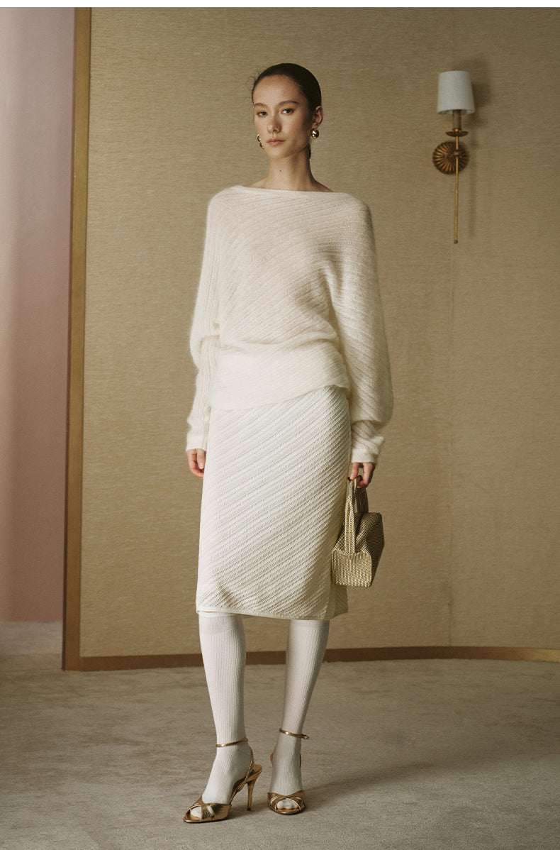 Openwork Diagonal Knit Skirt Ivory White