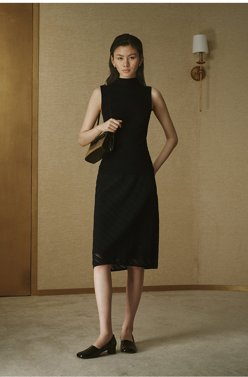 Openwork Diagonal Knit Skirt Ink Black