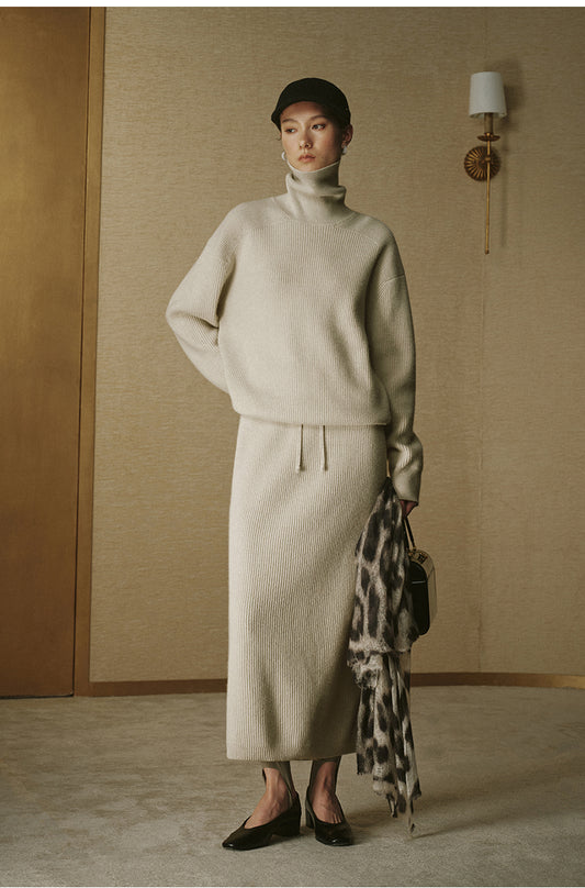 Shiyuetao Ribbed Wool Midi Skirt in Jade Ivory - view 1