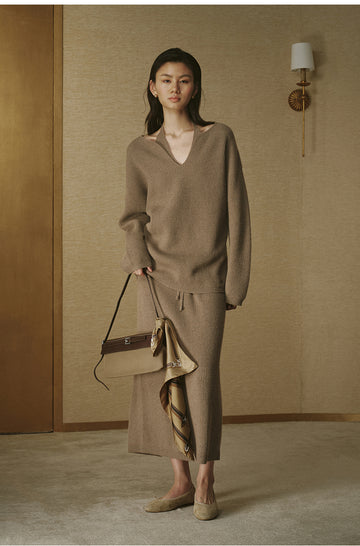 Shiyuetao Ribbed Wool Midi Skirt in Light Tea Camel - view 1