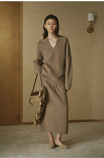 Shiyuetao Ribbed Wool Midi Skirt in Light Tea Camel - view 2
