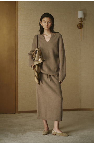 Shiyuetao Ribbed Wool Midi Skirt in Light Tea Camel - view 3