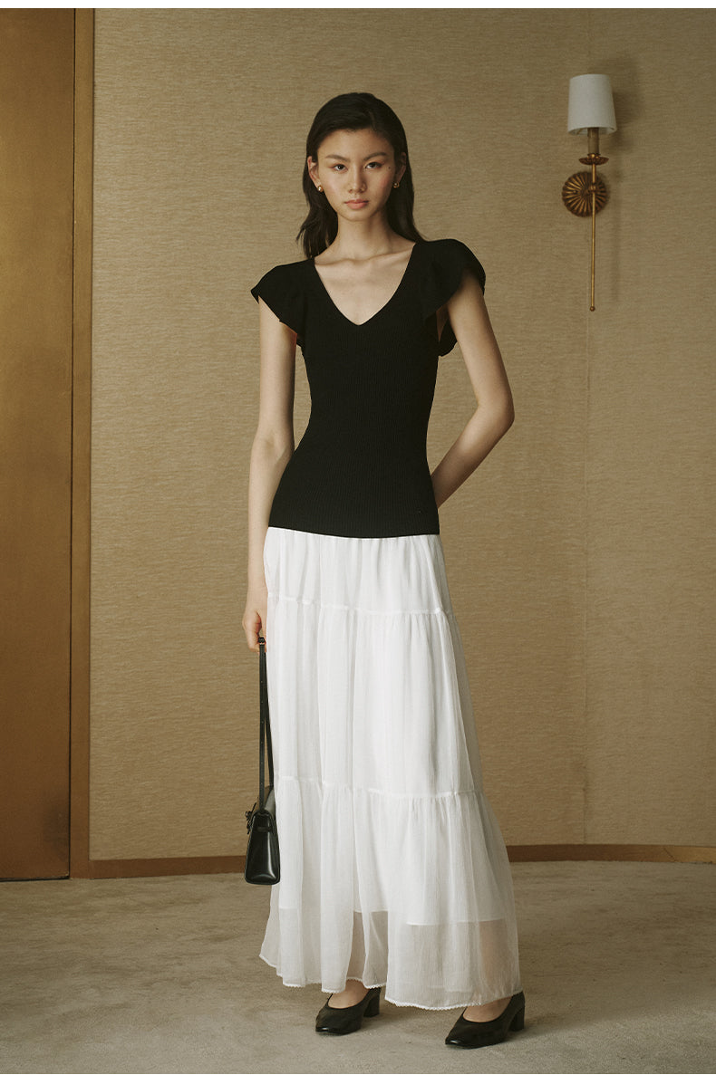 Ruffle V-Neck Knit Top Ink Black