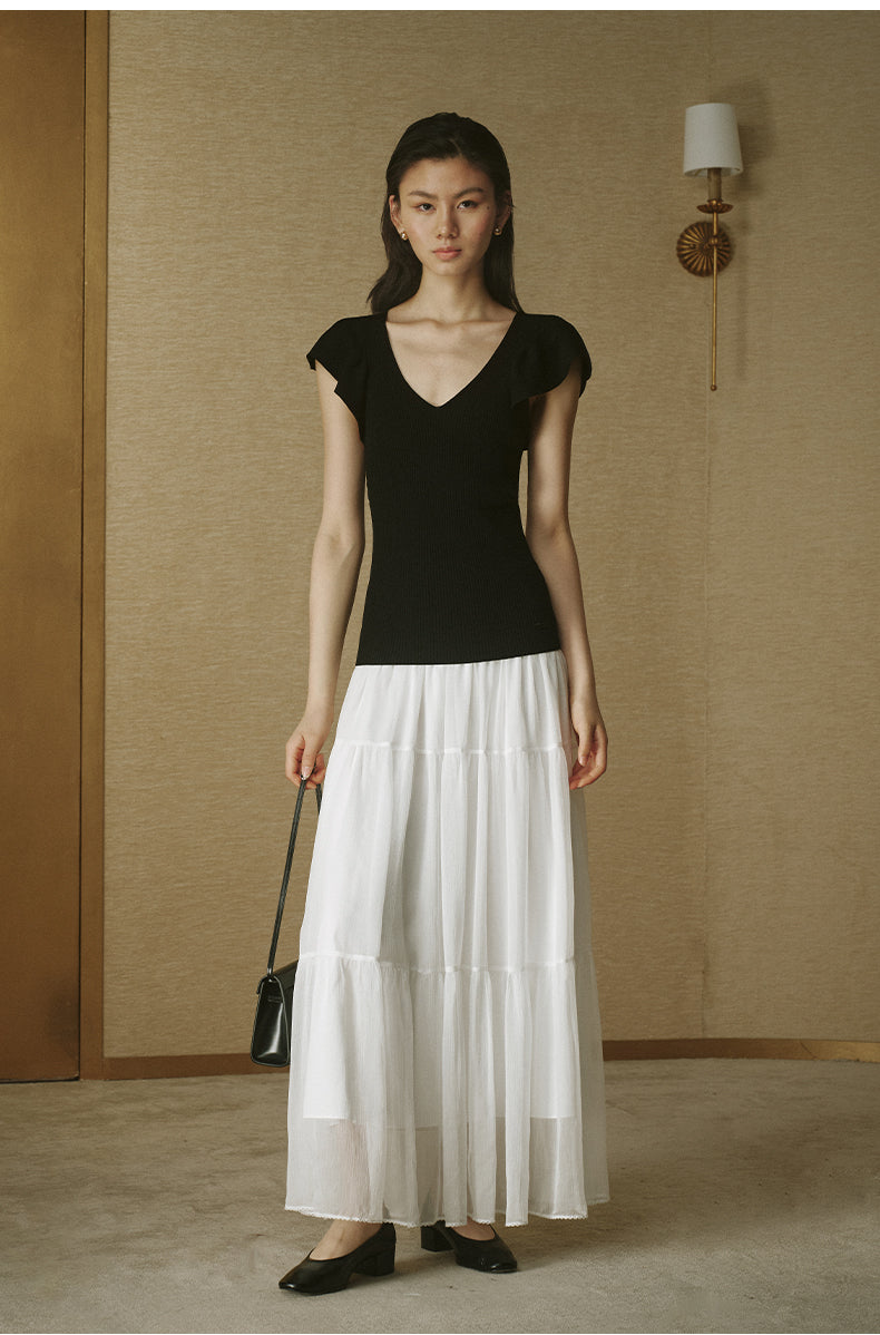 Ruffle V-Neck Knit Top Ink Black