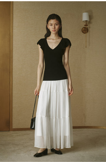 Ruffle V-Neck Knit Top Ink Black