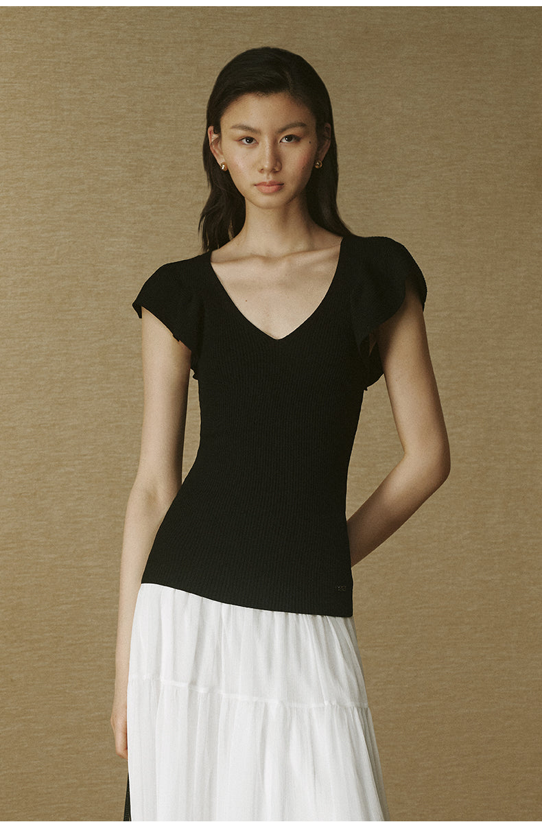 Ruffle V-Neck Knit Top Ink Black