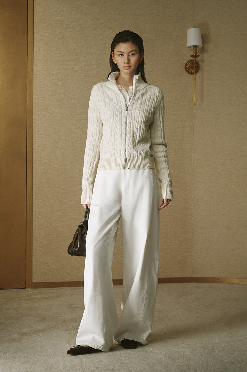 Xing Hui Wool-Silk Zip Cardigan - Morning Dew White