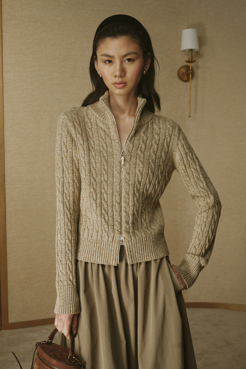 Xing Hui Wool-Silk Zip Cardigan - Amber Coffee