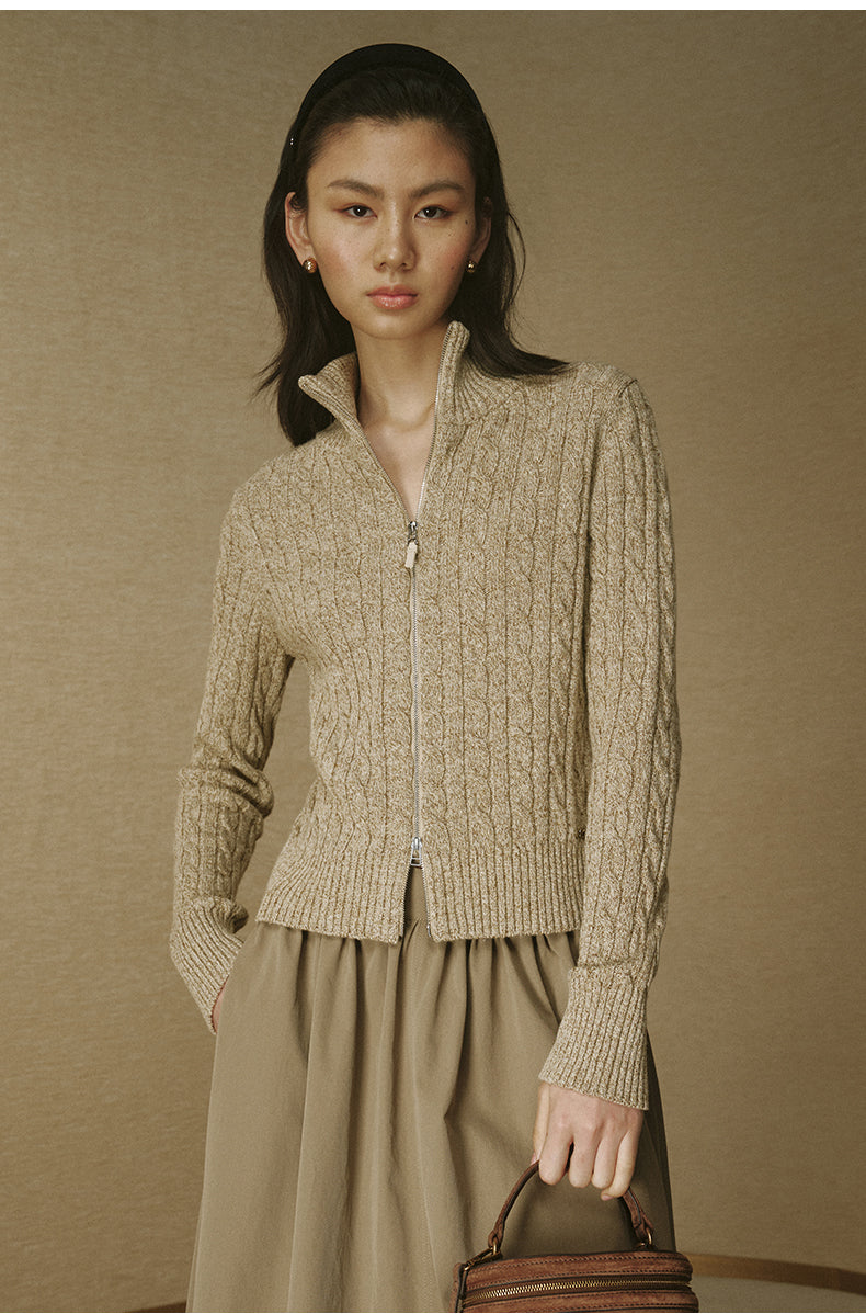 Xing Hui Wool-Silk Zip Cardigan - Amber Coffee