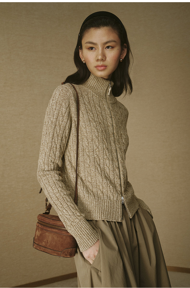 Xing Hui Wool-Silk Zip Cardigan - Amber Coffee