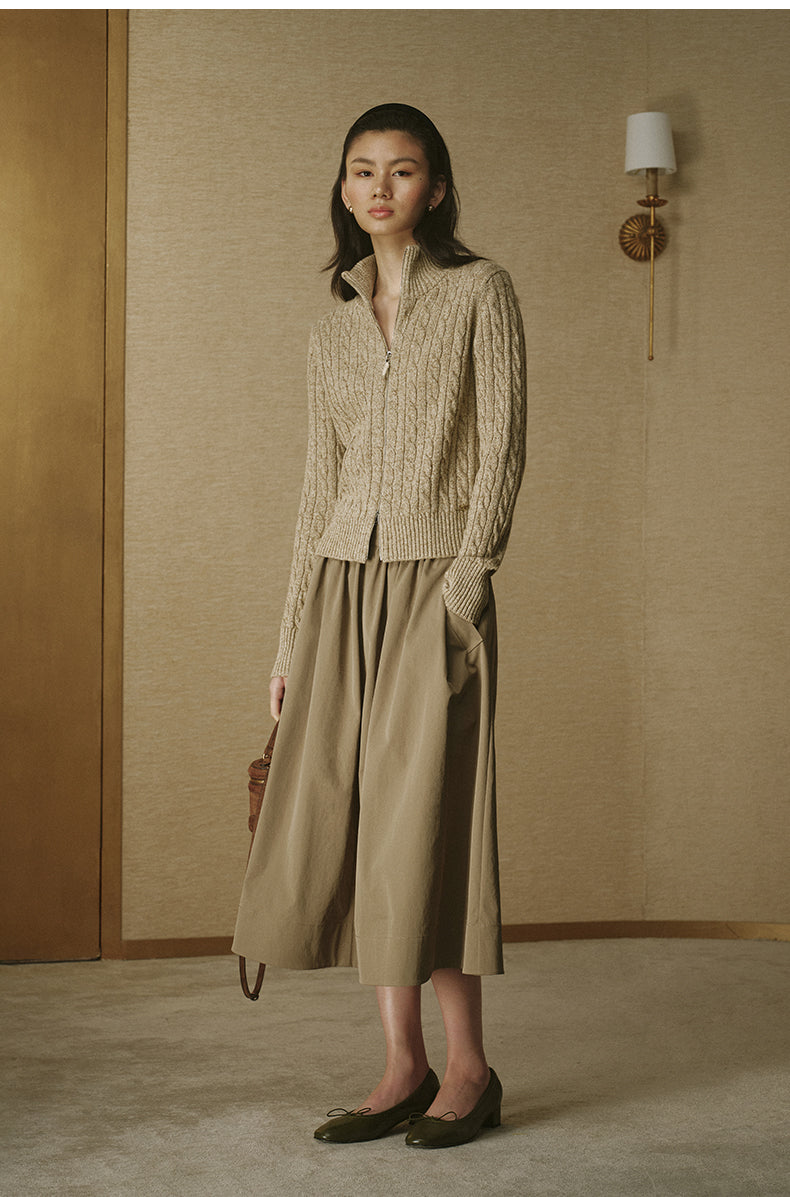 Xing Hui Wool-Silk Zip Cardigan - Amber Coffee