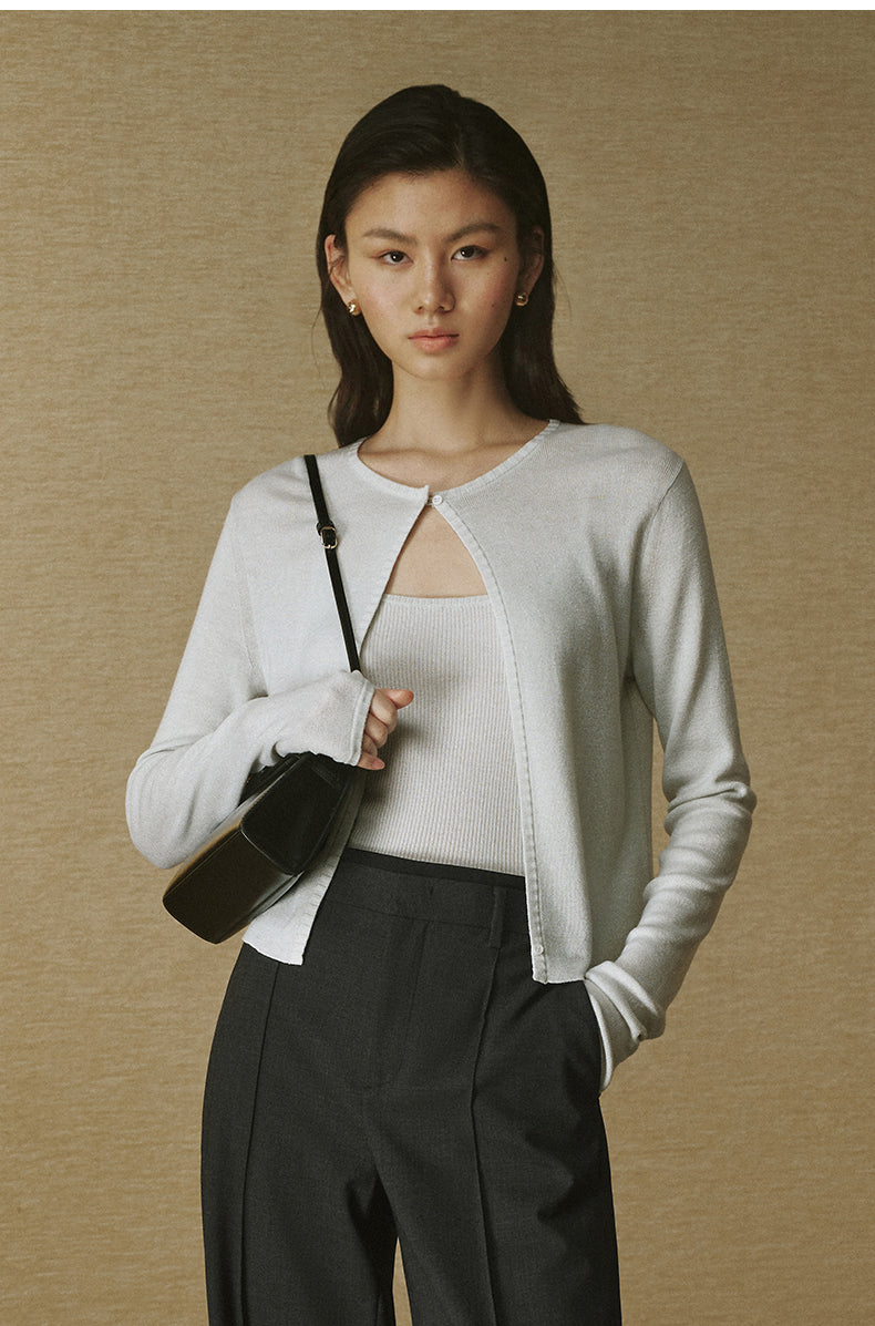 Ivory Wool Button Cardigan Silver White