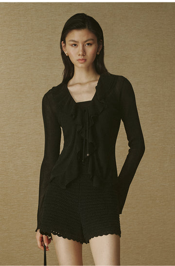 Sheer Tie Romantic Cardigan Ink Black