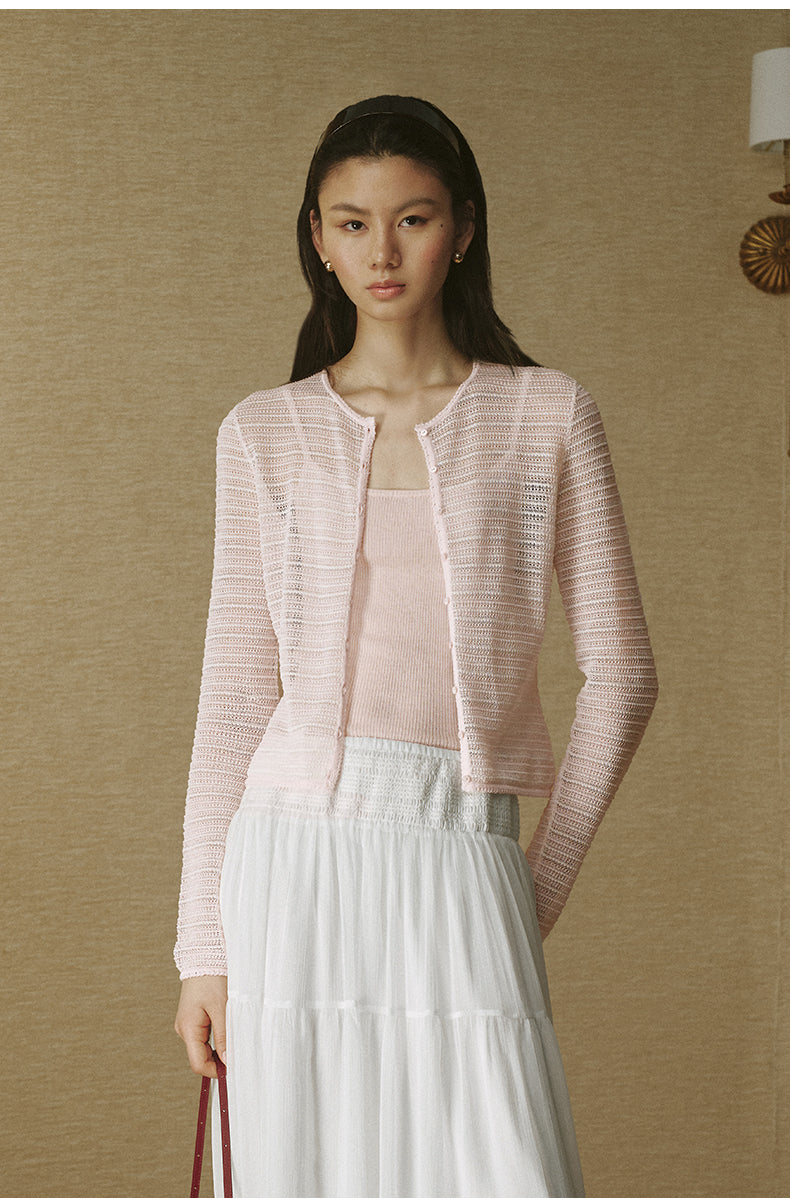 Openwork Crewneck Cardigan Dusk Pink