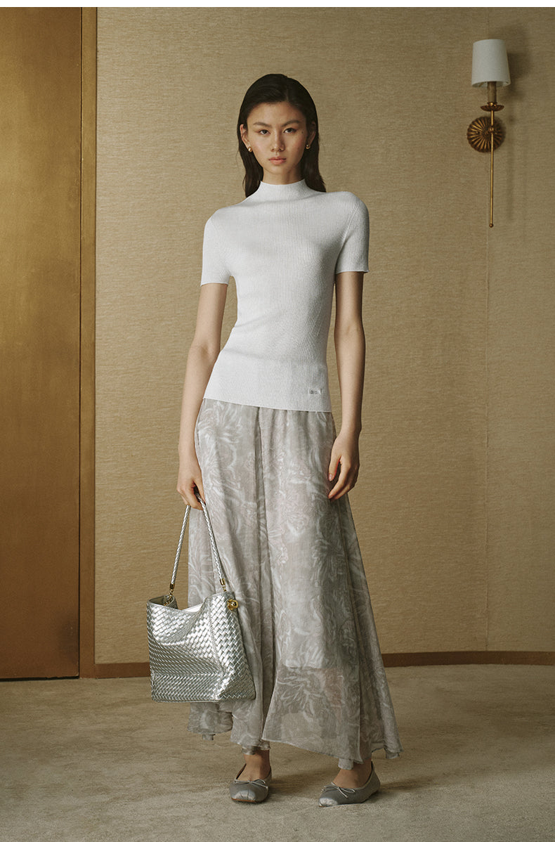 Metallic Wool Mock-Neck Knit Silver White