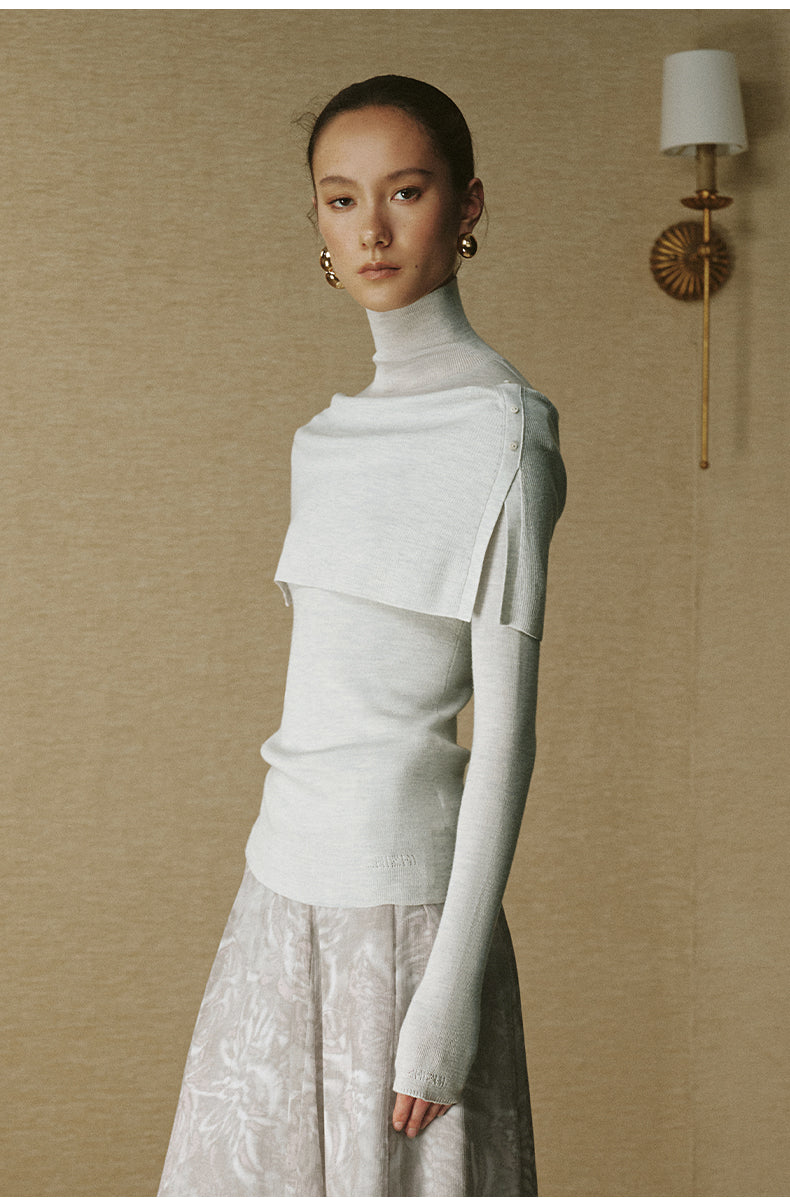 Wool Cape-Layer Knit Top Pale Dew Grey