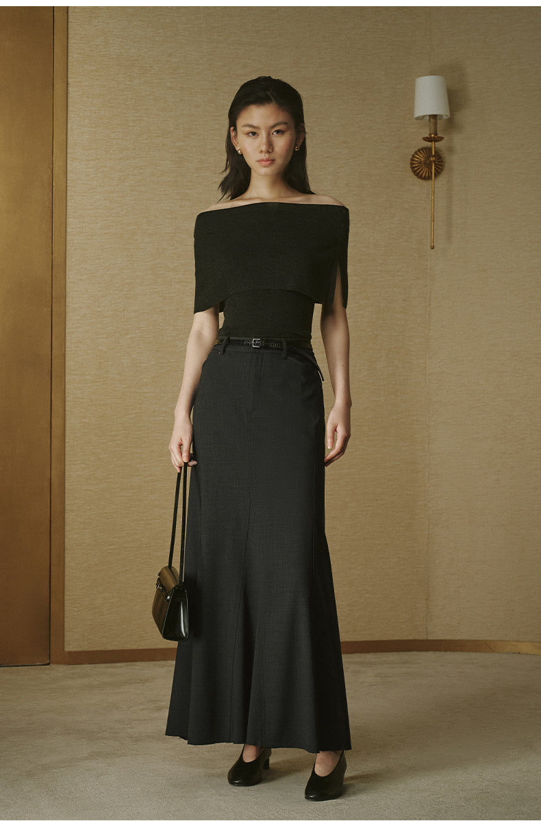 Wool Cape-Layer Knit Top Smoky Ink Grey