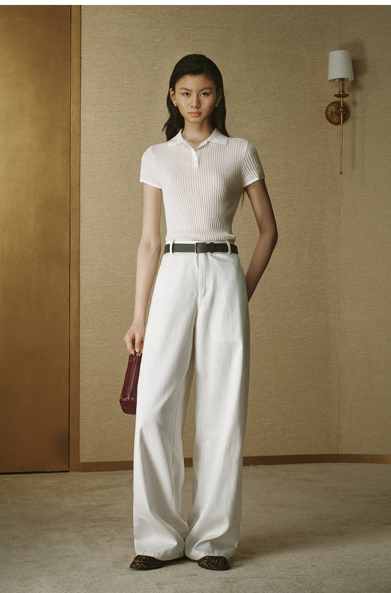 Wool Polo Knit Top Ivory White