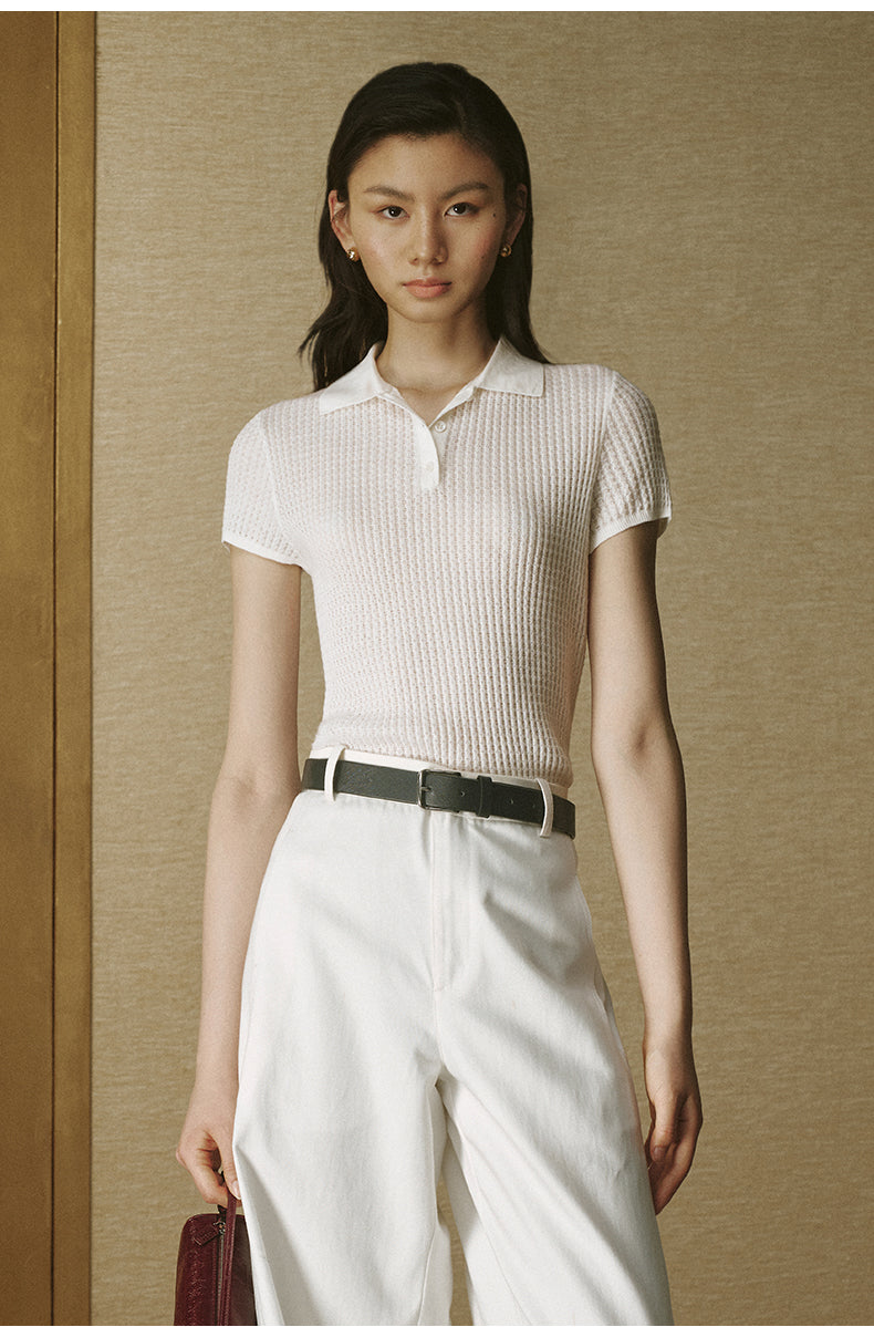 Wool Polo Knit Top Ivory White