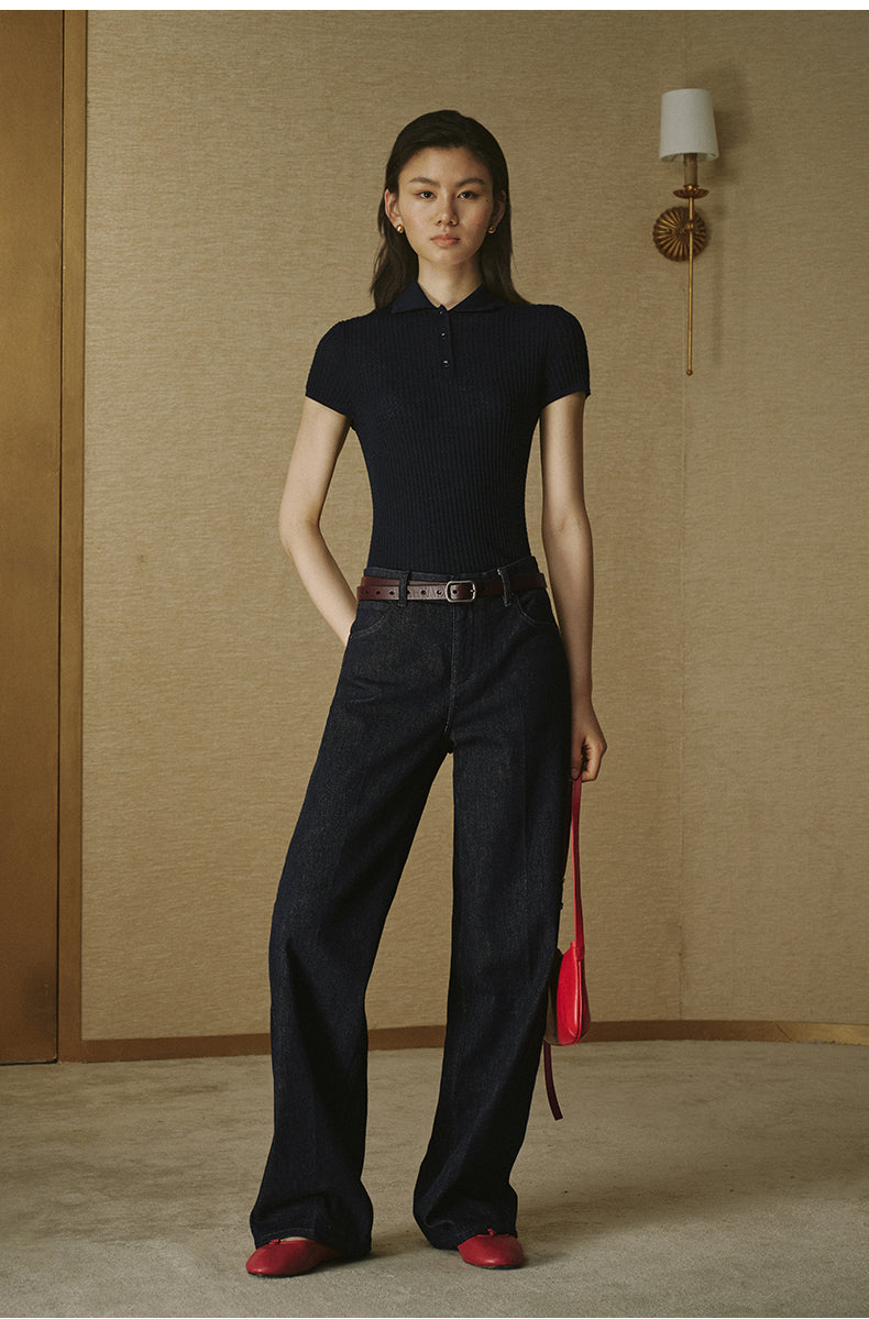 Wool Polo Knit Top Deep Navy