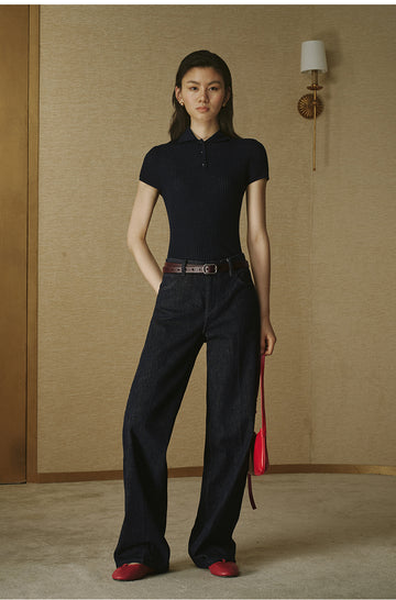 Wool Polo Knit Top Deep Navy
