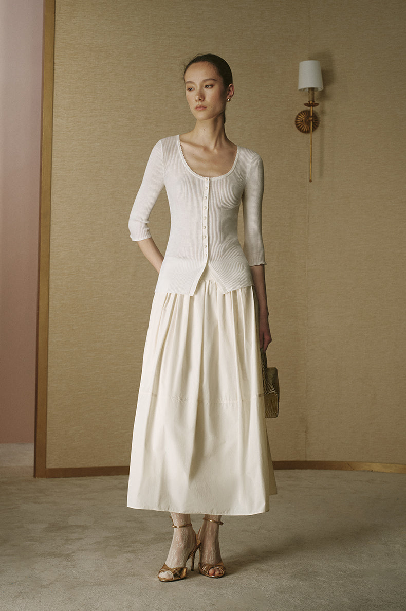 Wool Henley Knit Top Ivory White