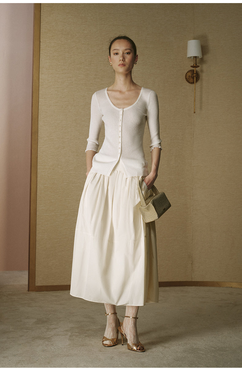 Wool Henley Knit Top Ivory White