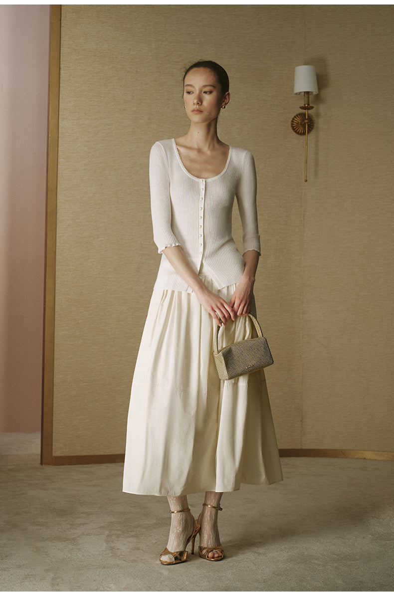 Wool Henley Knit Top Ivory White